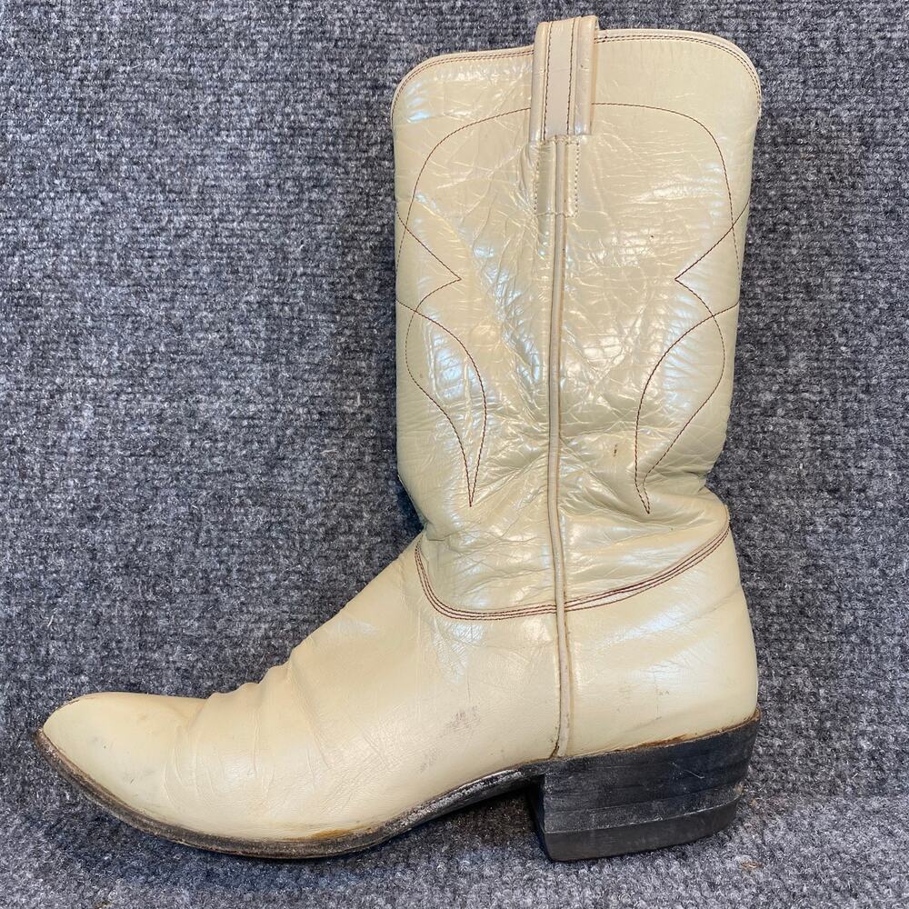 VTG Tony Lama Shiny Cream Leather Pointed Cowgirl Western Pull On Boots Womens 8